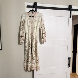 Calypso St. Barth Cream and Pink Floral Long Sleeve Dress Linen/Cotton blend
